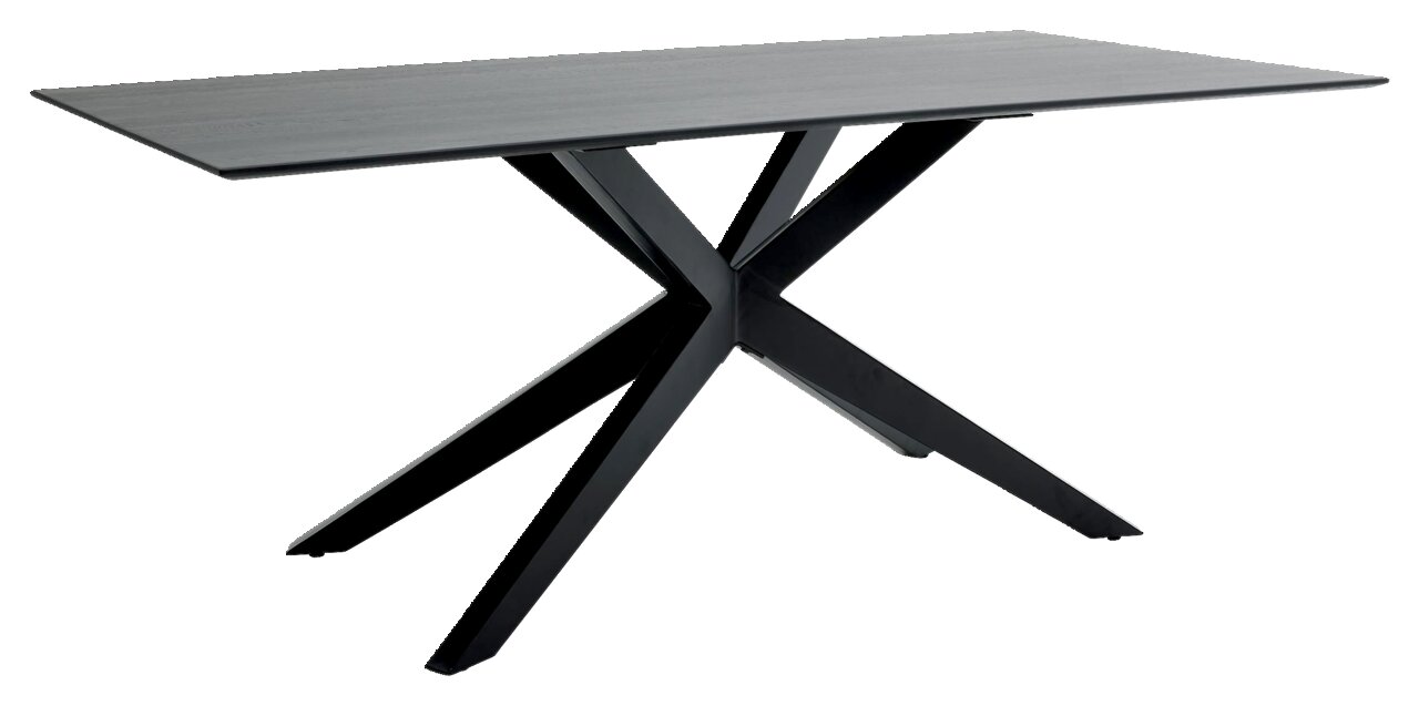Moderne eettafel met zwart X-vormig onderstel, zijaanzicht