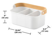 Weißer Aufbewahrungskorb mit natürlichem Holzgriff, rechteckig, mit drei Fächern, aus seitlicher Perspektive.