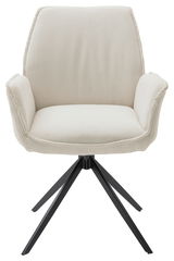 Frontansicht eines modernen Armlehnstuhls mit cremefarbenem Stoffbezug und schwarzen Metallbeinen.