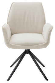 Frontansicht eines modernen Armlehnstuhls mit cremefarbenem Stoffbezug und schwarzen Metallbeinen.