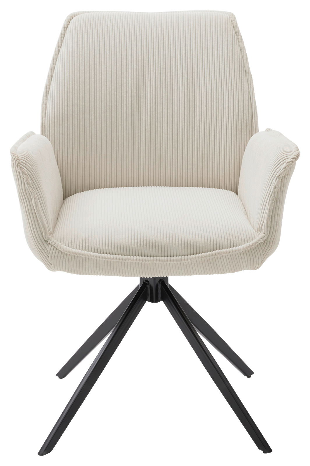 Frontansicht eines modernen Armlehnstuhls mit cremefarbenem Stoffbezug und schwarzen Metallbeinen.
