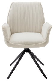 Vooraanzicht van een moderne fauteuil met crèmekleurige stoffen bekleding en zwarte metalen poten.