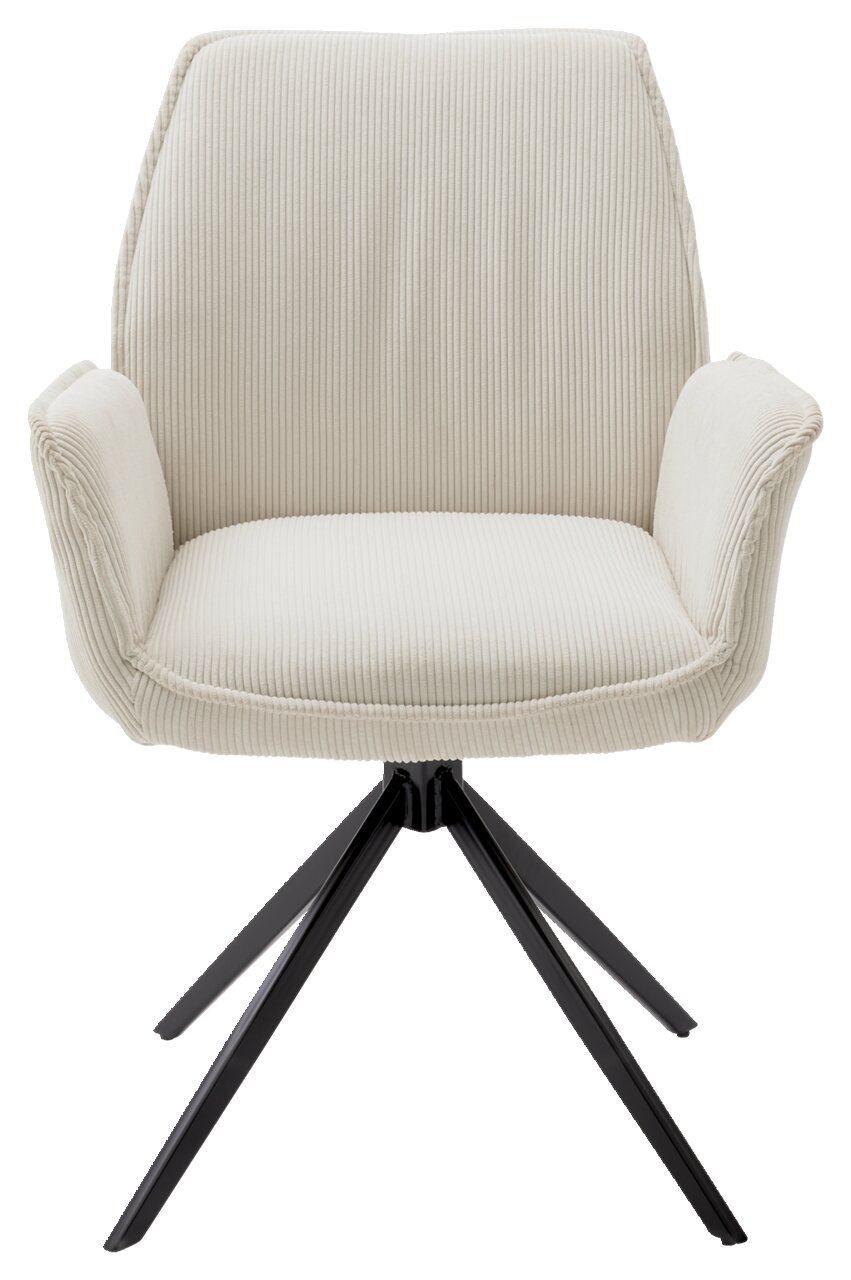 Vooraanzicht van een moderne fauteuil met crèmekleurige stoffen bekleding en zwarte metalen poten.