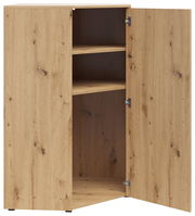 Eckkommode aus Holz mit geöffneter Tür, zeigt zwei Regalböden, Perspektive von vorne