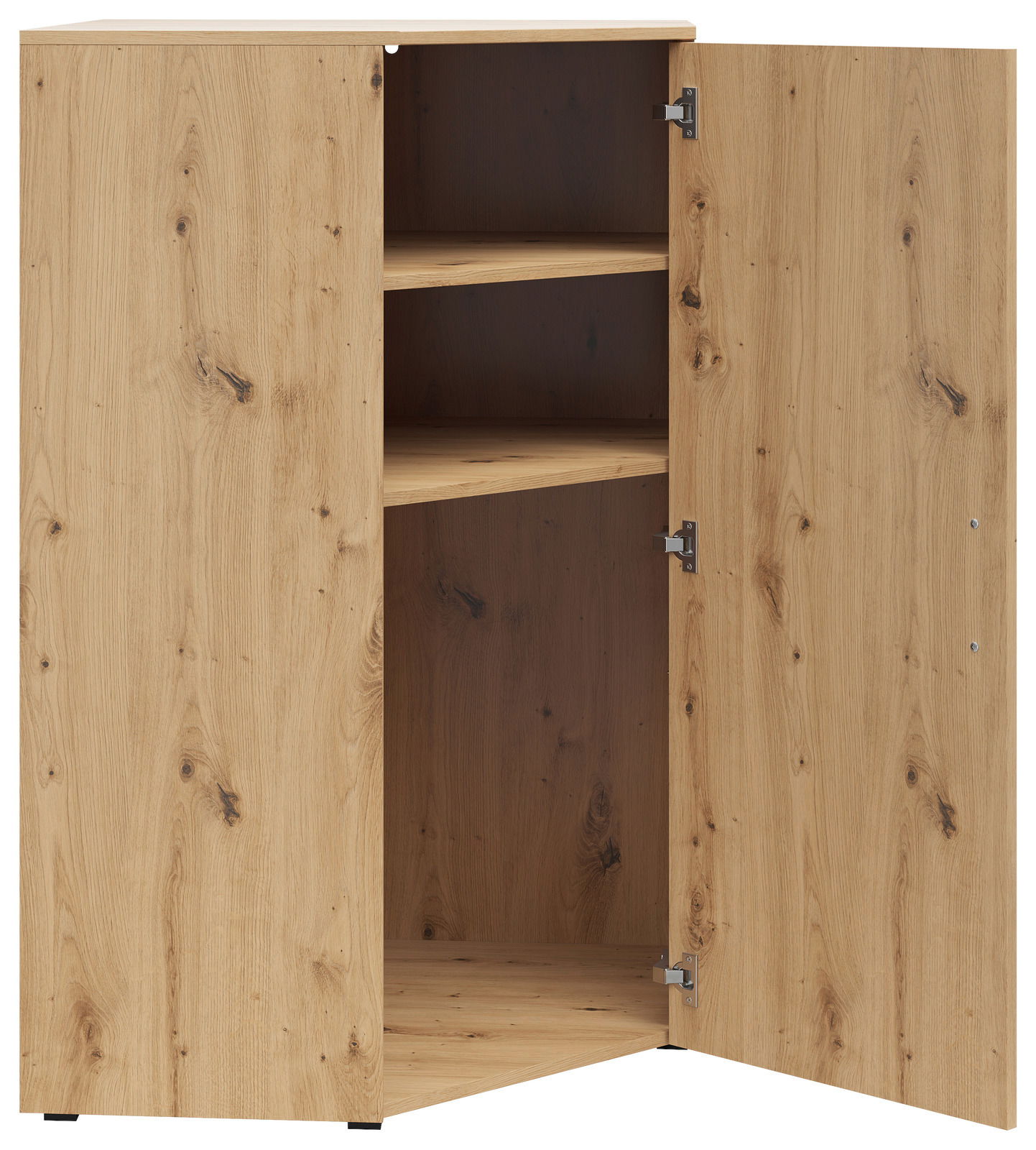 Eckkommode aus Holz mit geöffneter Tür, zeigt zwei Regalböden, Perspektive von vorne