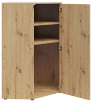 Eckkommode aus Holz mit geöffneter Tür, zeigt zwei Regalböden, Perspektive von vorne