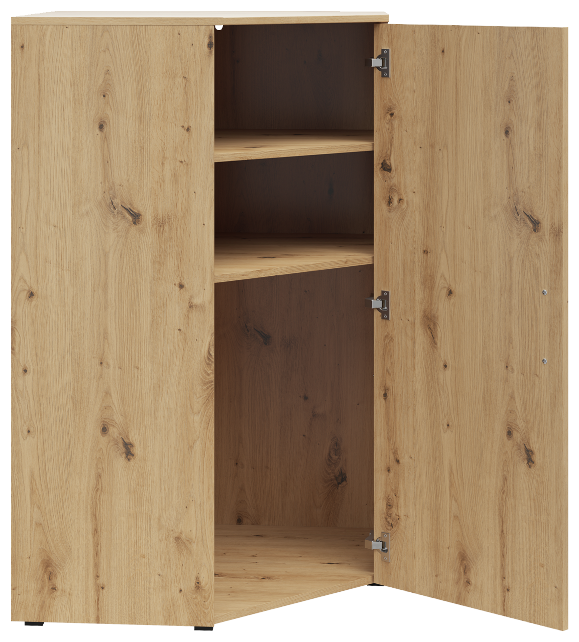 Eckkommode aus Holz mit geöffneter Tür, zeigt zwei Regalböden, Perspektive von vorne