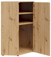 Eckkommode aus Holz mit geöffneter Tür, zeigt zwei Regalböden, Perspektive von vorne