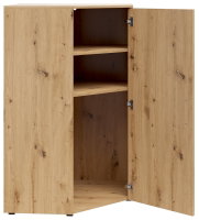 Eckkommode aus Holz mit geöffneter Tür, zeigt zwei Regalböden, Perspektive von vorne