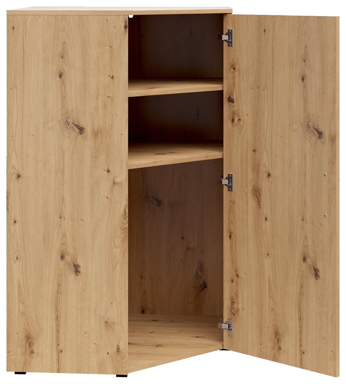 Eckkommode aus Holz mit geöffneter Tür, zeigt zwei Regalböden, Perspektive von vorne