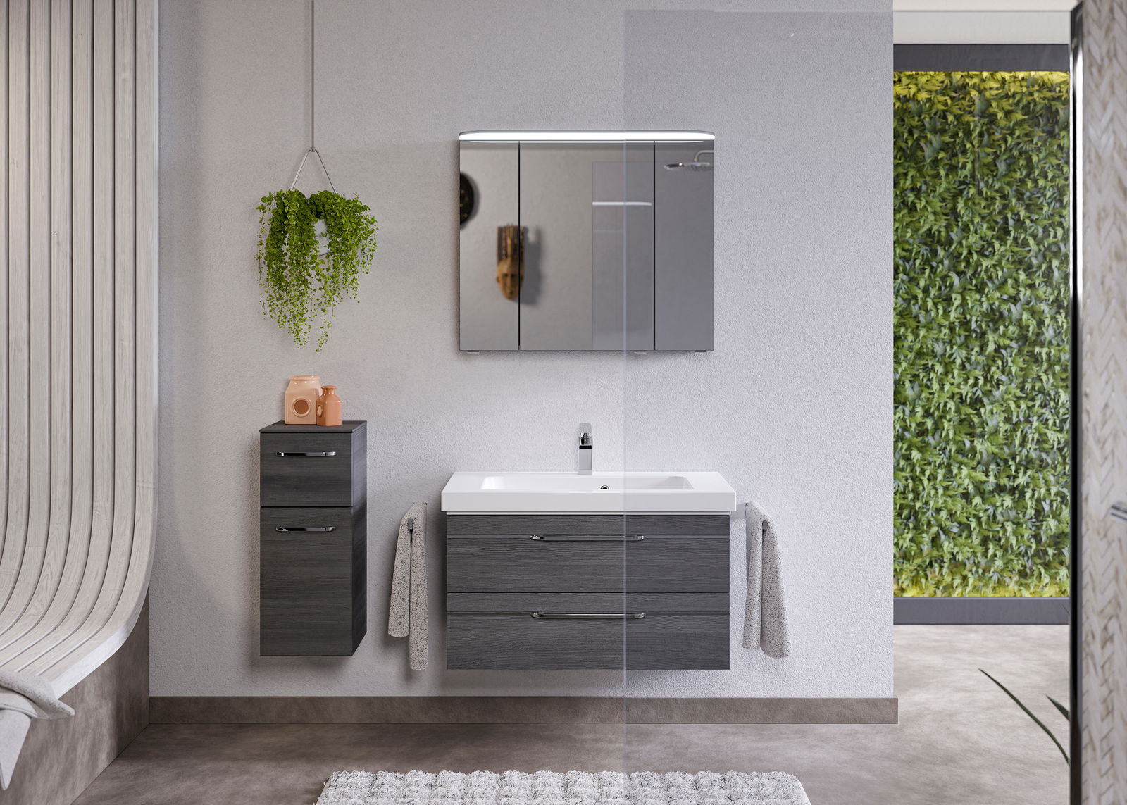 Moderne Badezimmermöbel in dunklem Holzton mit Waschbecken und Spiegel, seitliche Perspektive