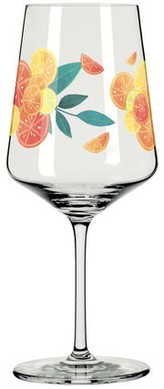 Weinglas mit buntem Zitrusfrüchte-Design, seitliche Perspektive