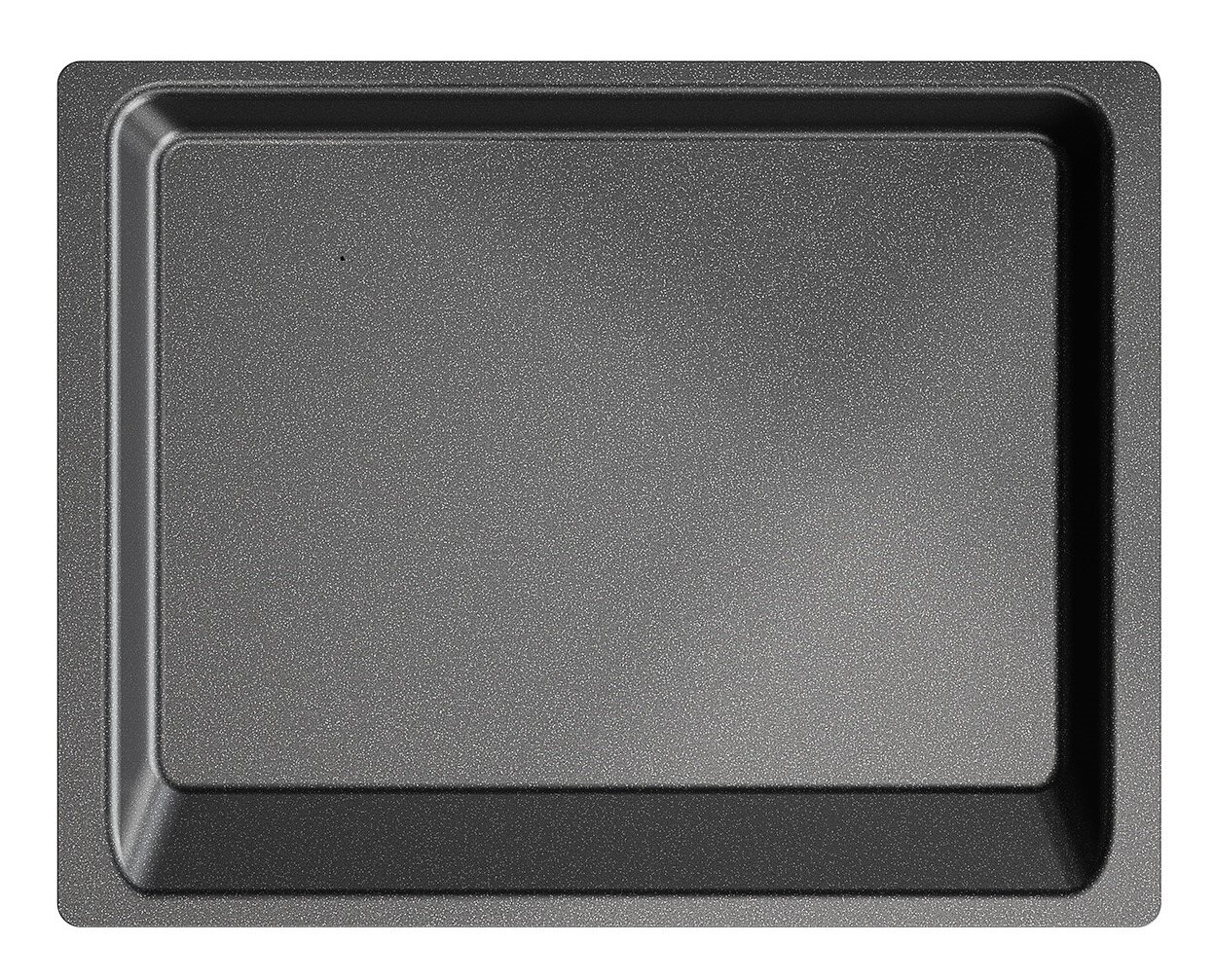 Backofenplatte in Draufsicht, rechteckig, 459 x 370 x 30 mm, aus Metall mit Antihaftbeschichtung.