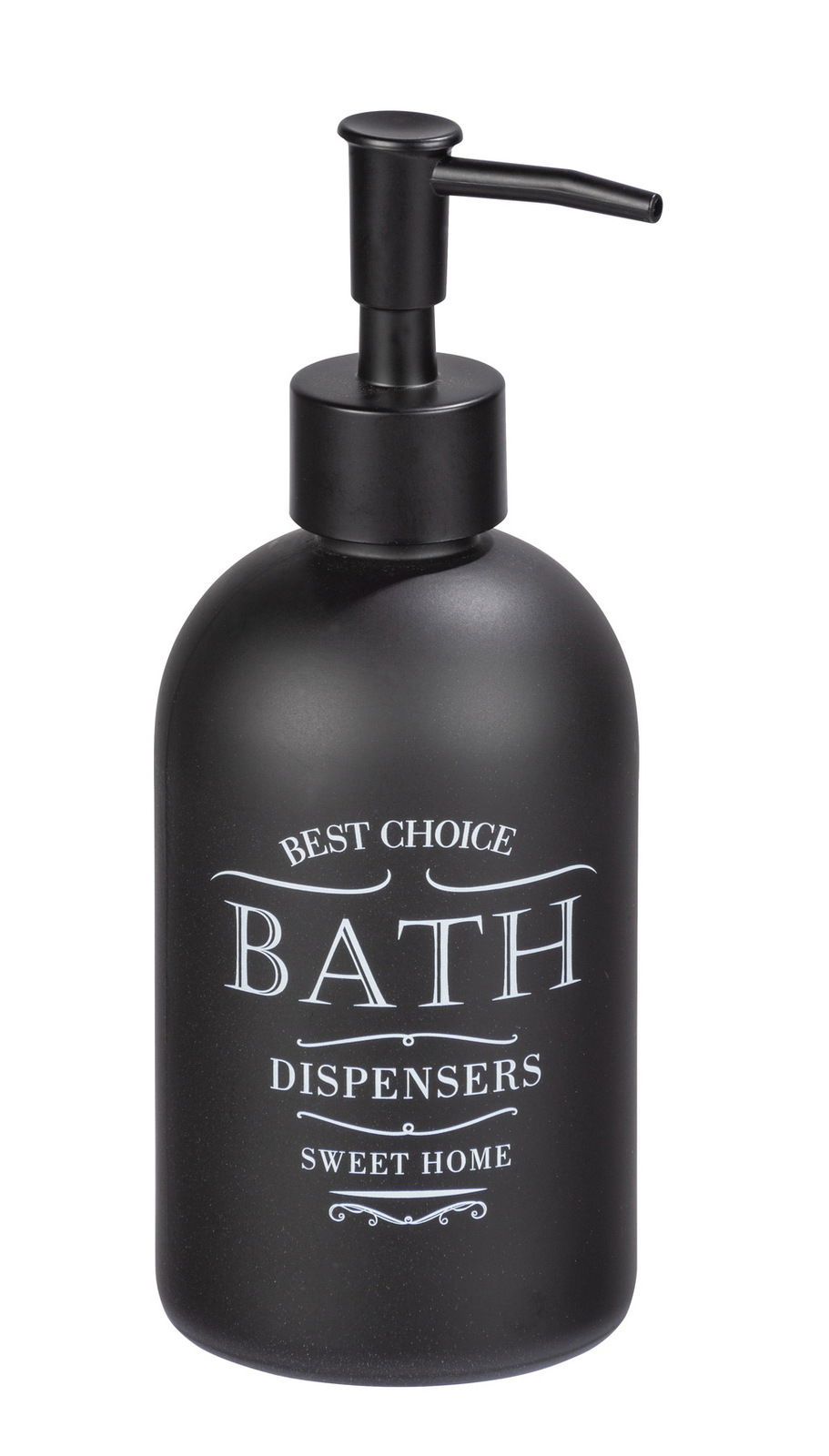 Schwarzer Seifenspender mit der Aufschrift 'Best Choice Bath Dispensers Sweet Home', seitliche Perspektive