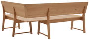 Rückansicht einer Eckbank aus Holz mit klaren Linien und natürlicher Holzmaserung.