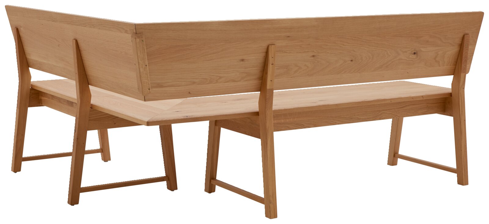 Achterkant van een houten hoekbank met strakke lijnen en een natuurlijke houtnerf.