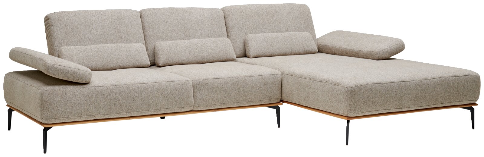 Beige longchair-set met verstelbare armleuningen, moderne metalen poten, aanzicht van links vooraan