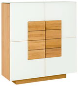 Modernes Highboard aus Holz und weißem Material, seitliche Perspektive