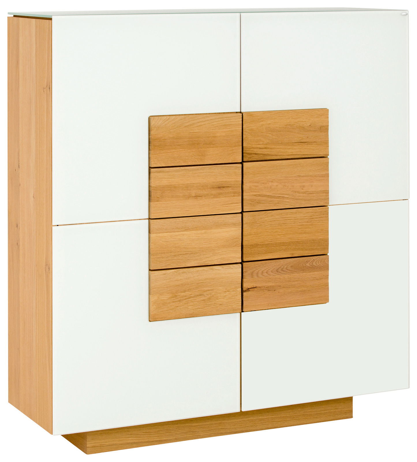 Voglauer Highboard VMONTANARA Modernes Highboard aus Holz und weißem Material, seitliche Perspektive