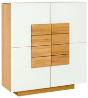 Modernes Highboard aus Holz und weißem Material, seitliche Perspektive