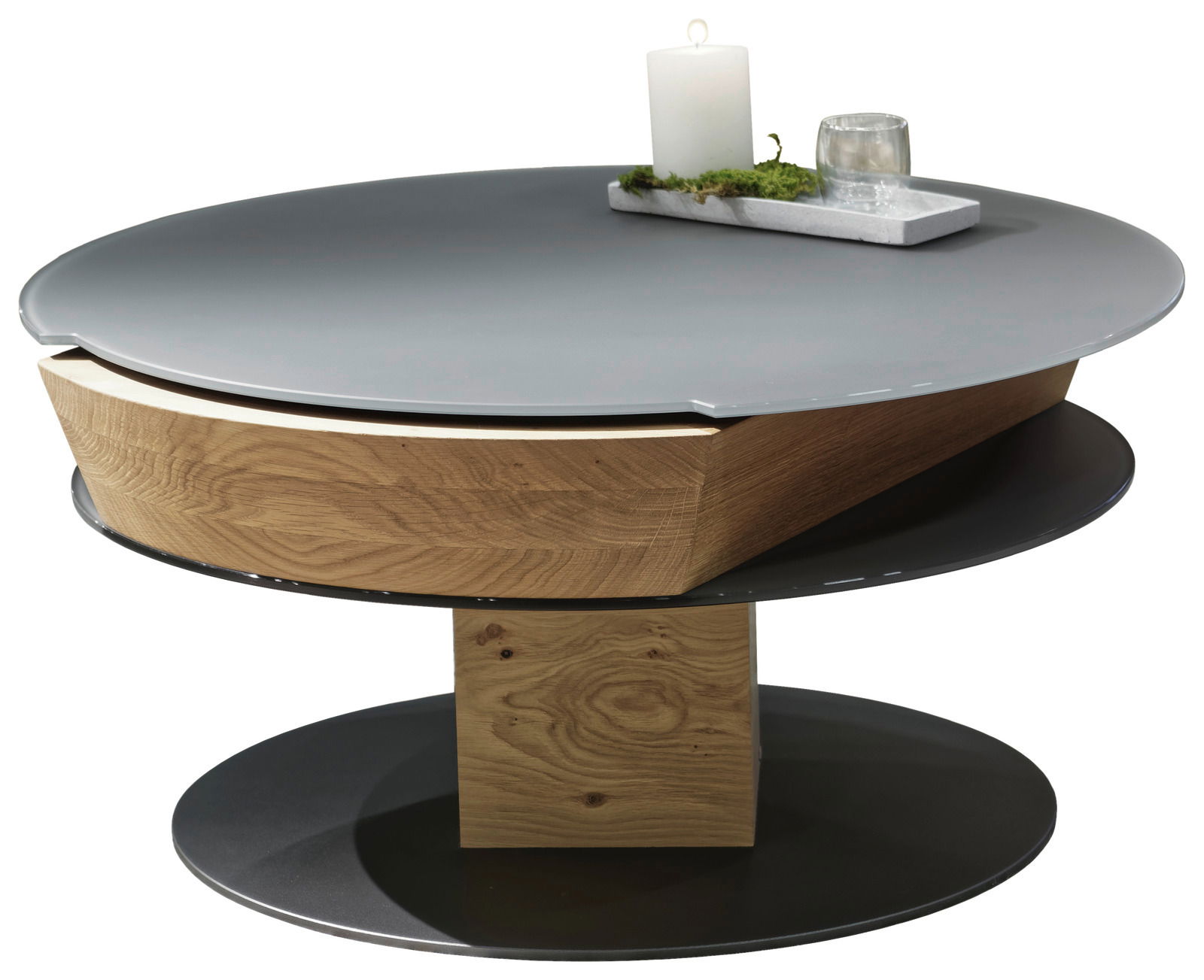 Voglauer Couchtisch VMONTANARA Moderner Couchtisch mit runder, grauer Tischplatte und Holzdetails, seitliche Perspektive