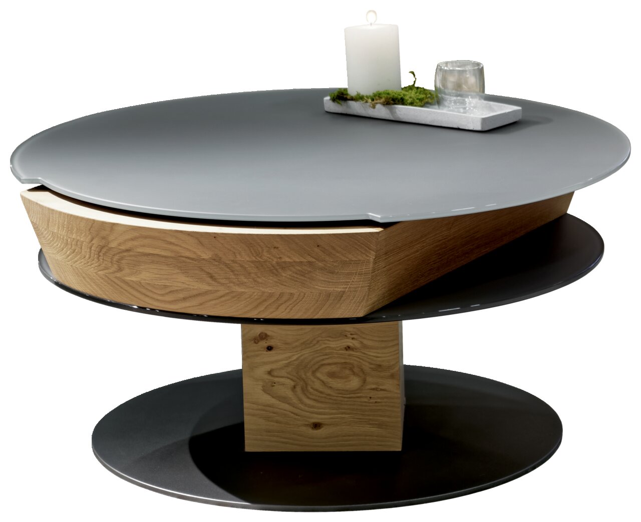 Moderner Couchtisch mit runder, grauer Tischplatte und Holzdetails, seitliche Perspektive