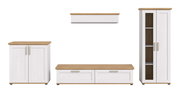 Wohnkombination in Weiß mit Holzoberflächen, bestehend aus einem hohen Schrank, einem niedrigen TV-Schrank, einem kleinen Schrank und einem Wandregal. Frontalansicht.