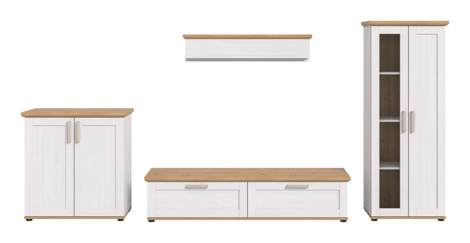 Wohnkombination in Weiß mit Holzoberflächen, bestehend aus einem hohen Schrank, einem niedrigen TV-Schrank, einem kleinen Schrank und einem Wandregal. Frontalansicht.