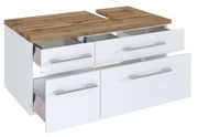Waschbeckenunterschrank mit vier offenen Schubladen, weiß mit Holzoberfläche, Perspektive von vorne rechts