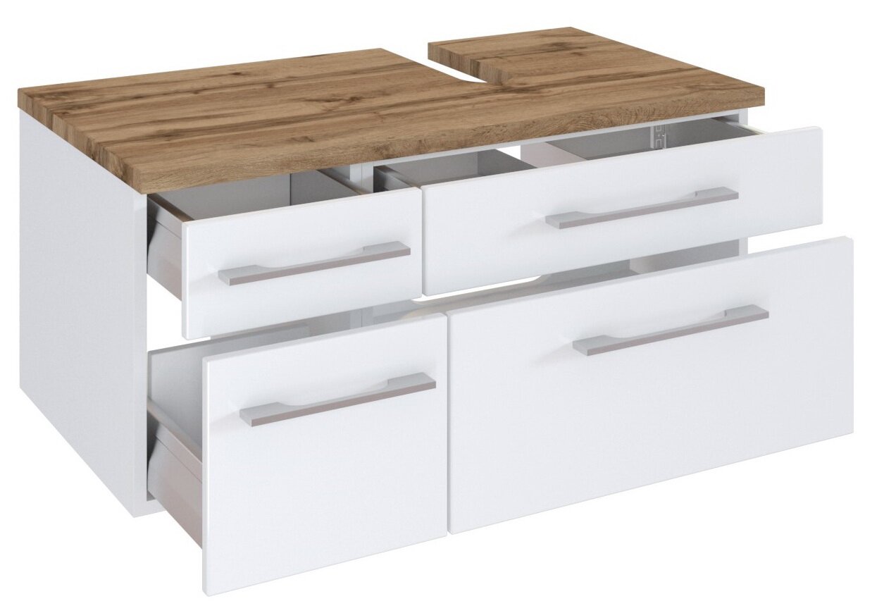 XORA Waschbeckenunterschrank rechts DAVOS Waschbeckenunterschrank mit vier offenen Schubladen, weiß mit Holzoberfläche, Perspektive von vorne rechts
