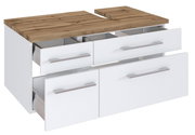 Waschbeckenunterschrank mit vier offenen Schubladen, weiß mit Holzoberfläche, Perspektive von vorne rechts