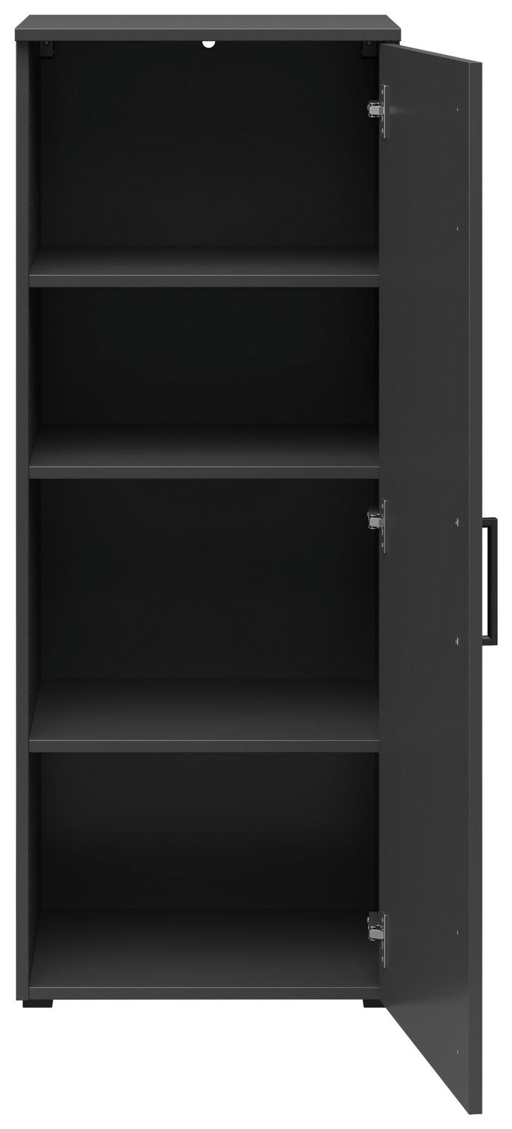 Schwarze Kommode mit geöffneter Tür, drei Regalböden sichtbar, Frontalansicht