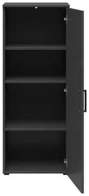 Schwarze Kommode mit geöffneter Tür, drei Regalböden sichtbar, Frontalansicht