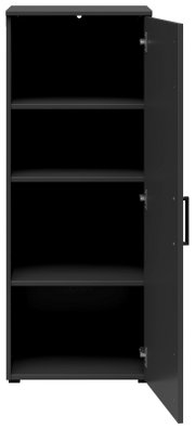 Schwarze Kommode mit geöffneter Tür, drei Regalböden sichtbar, Frontalansicht