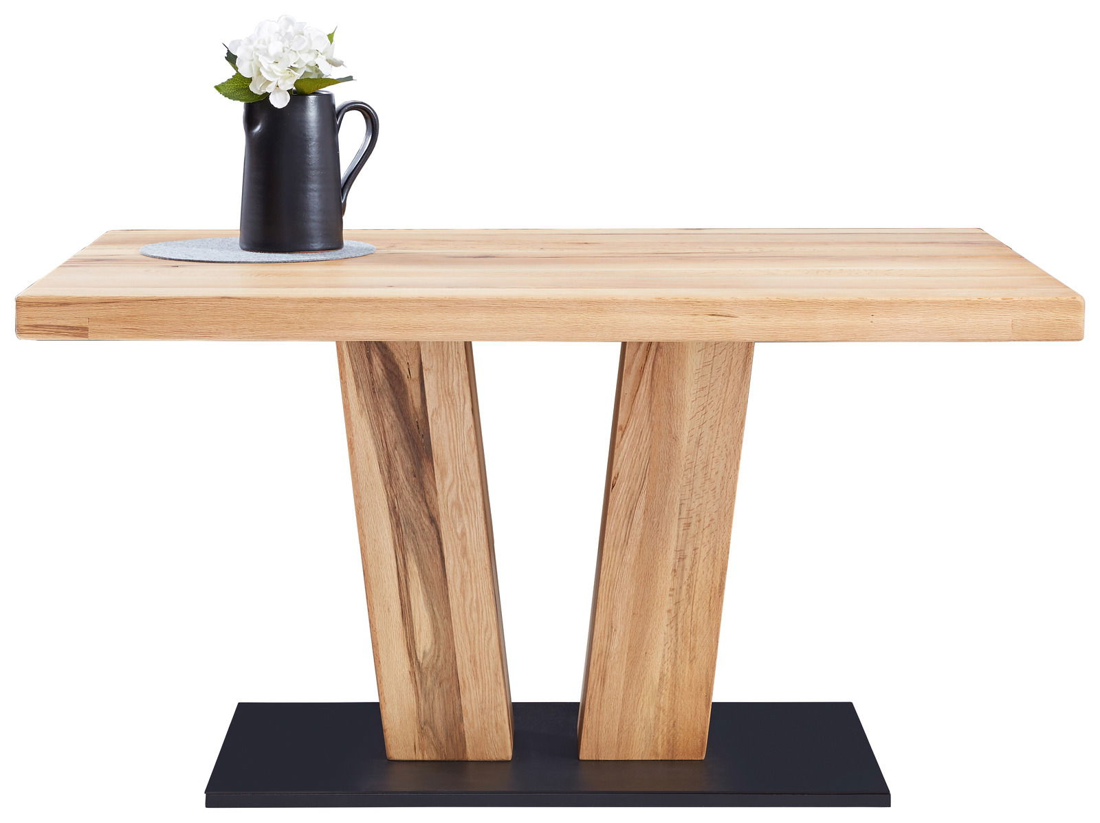 Moderner Esstisch aus Holz mit V-förmigen Beinen und schwarzer Basis, seitliche Perspektive.