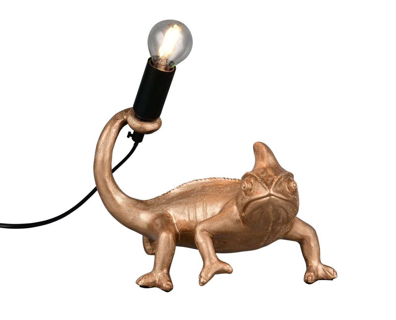 Goldene Tischleuchte in Form eines Chamäleons mit einer Glühbirne auf dem Schwanz, seitliche Perspektive