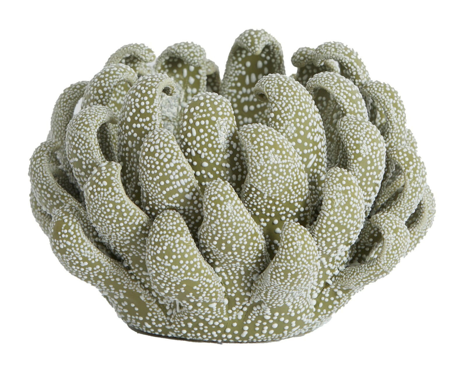 Dekoratives Teelicht in Form einer Koralle mit grüner und weißer Punktstruktur, seitliche Perspektive