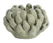 Dekoratives Teelicht in Form einer Koralle mit grüner und weißer Punktstruktur, seitliche Perspektive