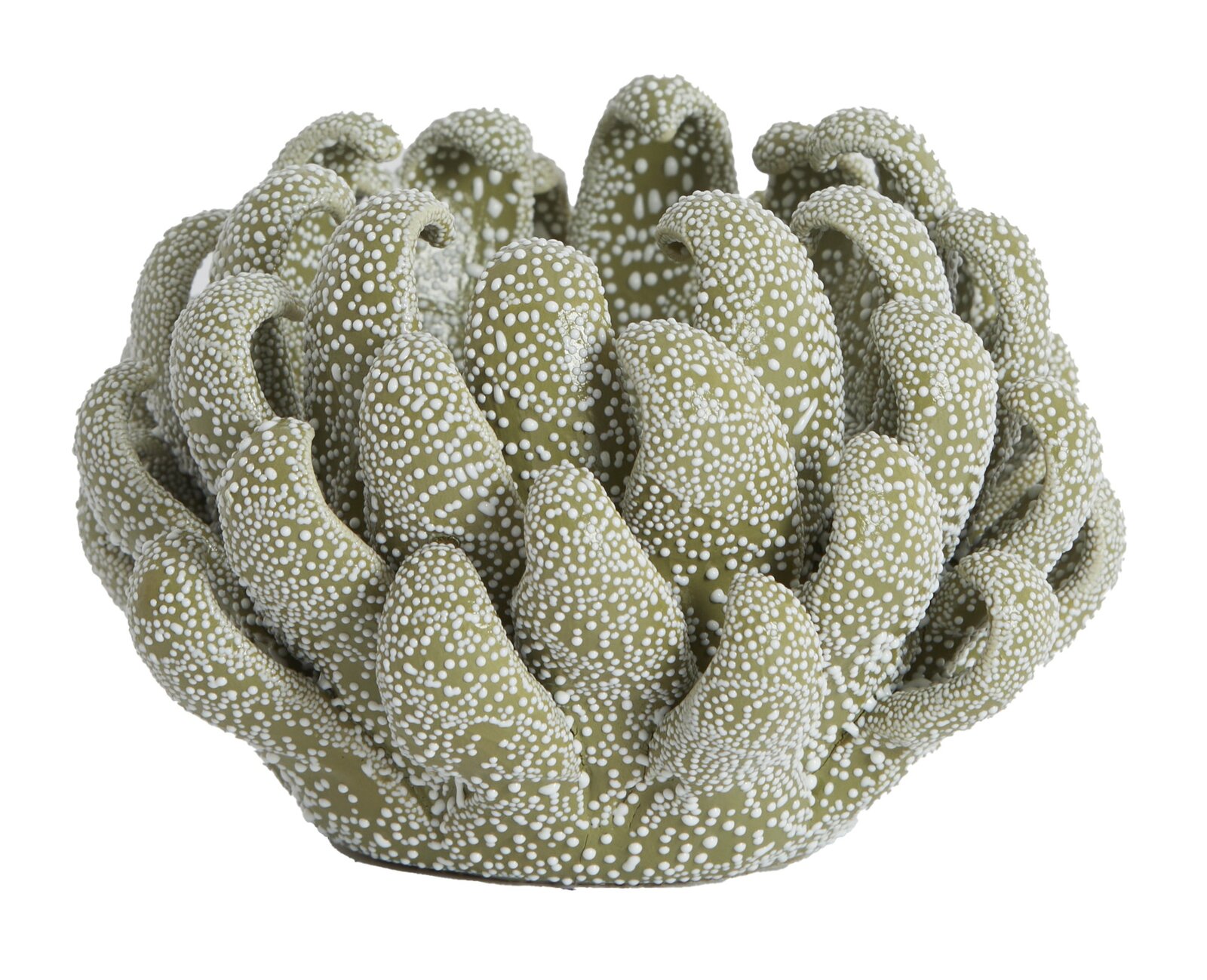 Dekoratives Teelicht in Form einer Koralle mit grüner und weißer Punktstruktur, seitliche Perspektive
