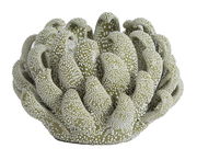 Dekoratives Teelicht in Form einer Koralle mit grüner und weißer Punktstruktur, seitliche Perspektive