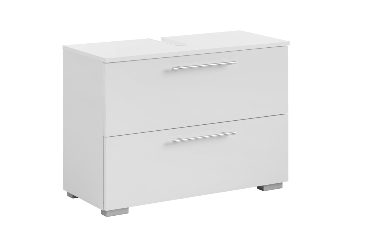 Stylife Waschbeckenunterschrank CARLOS Moderner weißer Waschbeckenunterschrank mit zwei Schubladen, seitliche Perspektive