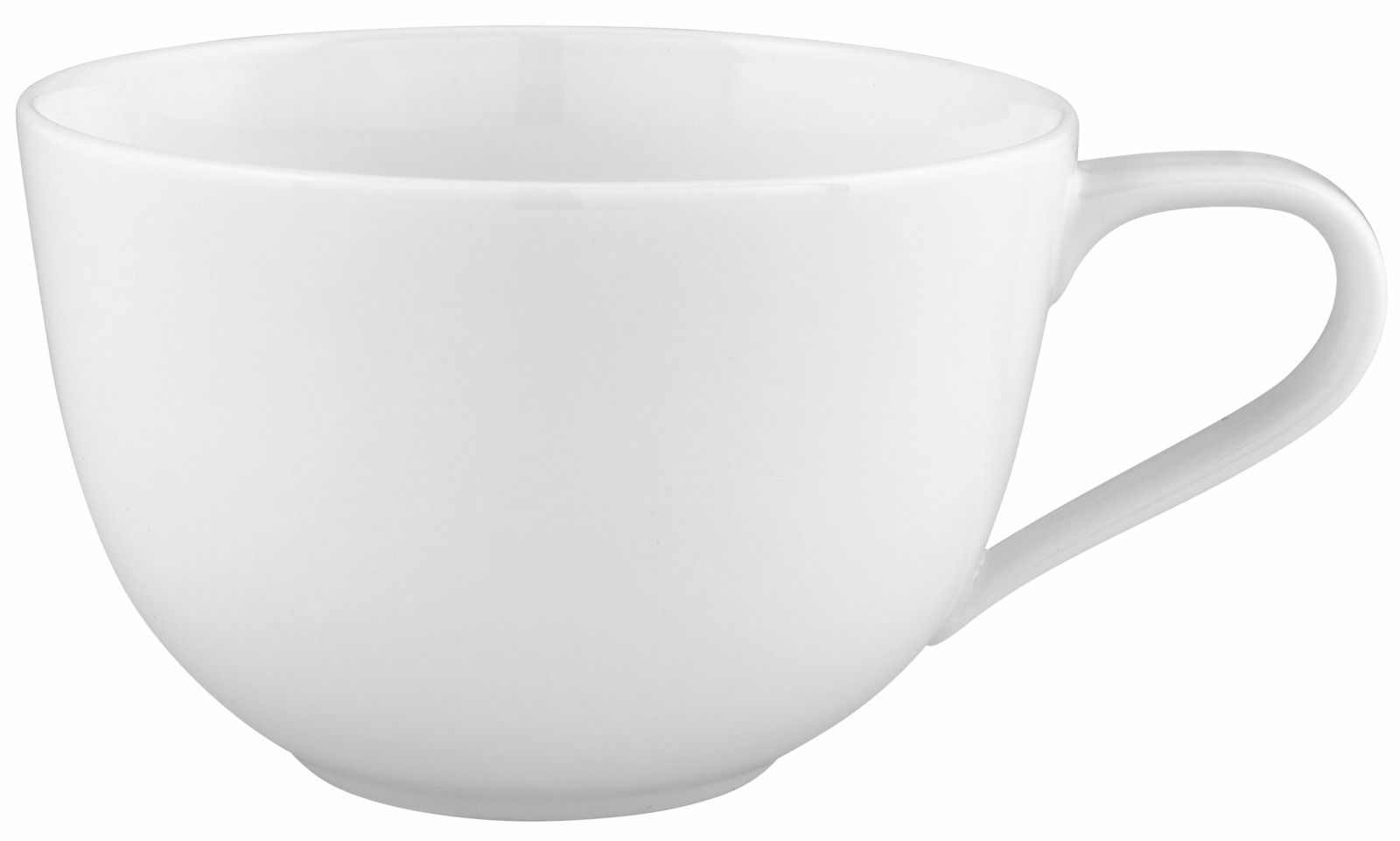 Weiße Café au lait Obertasse mit Henkel, seitliche Perspektive