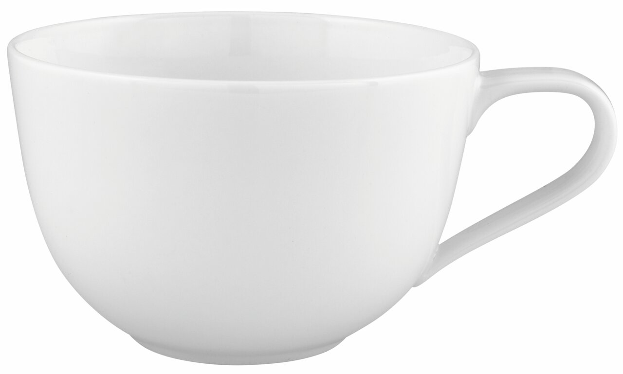 Weiße Café au lait Obertasse mit Henkel, seitliche Perspektive
