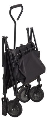 Faltbarer Bollerwagen in seitlicher Perspektive, zusammengeklappt mit schwarzem Gestell und robusten Rädern.
