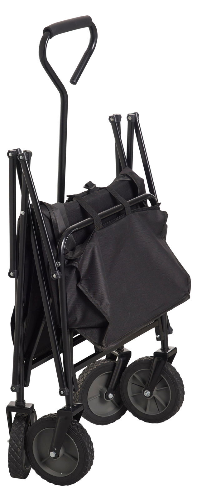 Faltbarer Bollerwagen in seitlicher Perspektive, zusammengeklappt mit schwarzem Gestell und robusten Rädern.