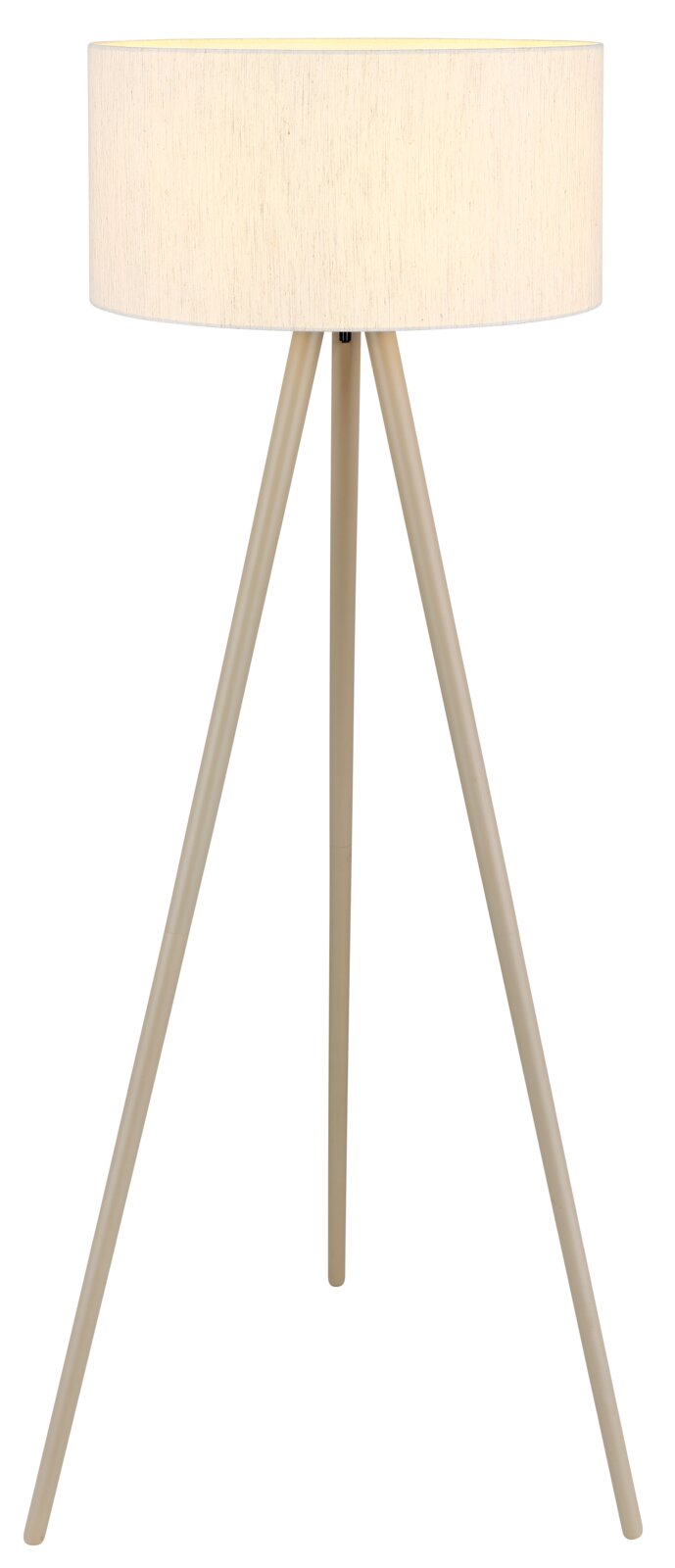 Beige Stehlampe mit zylindrischem Stoffschirm und dreibeinigem Holzgestell, frontale Ansicht auf weißem Hintergrund