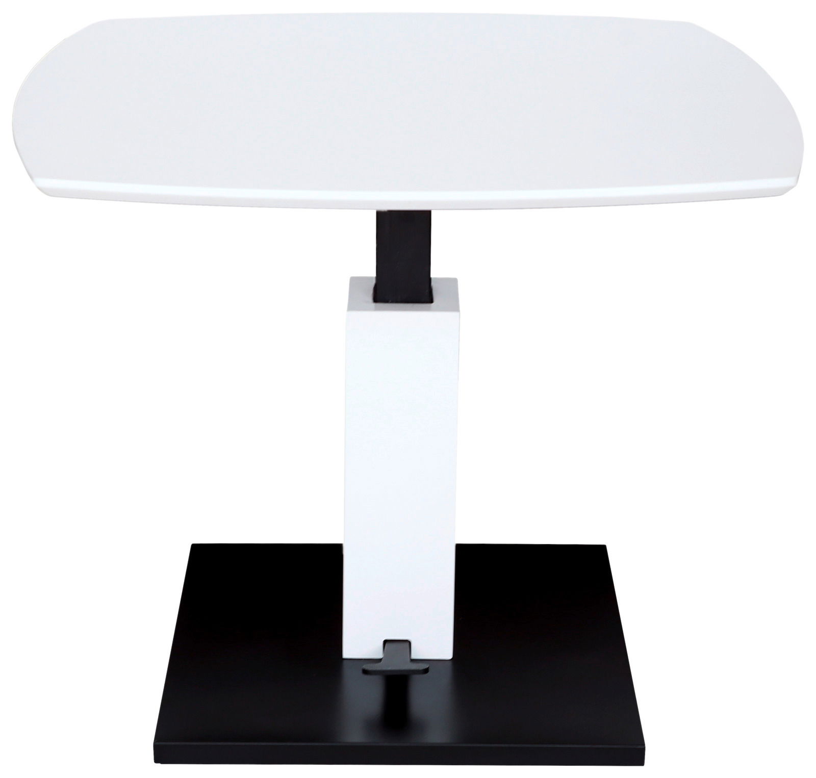 Moderner Couchtisch mit weißer Tischplatte und schwarzem Sockel, frontal betrachtet.