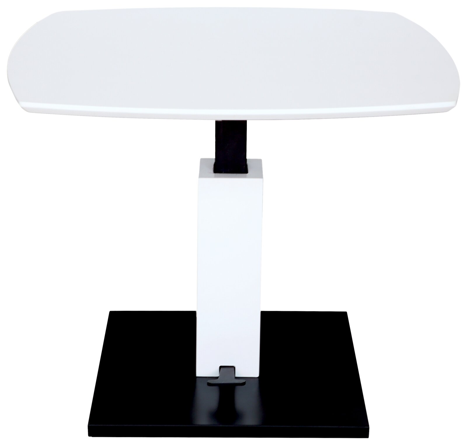 Moderner Couchtisch mit weißer Tischplatte und schwarzem Sockel, frontal betrachtet.
