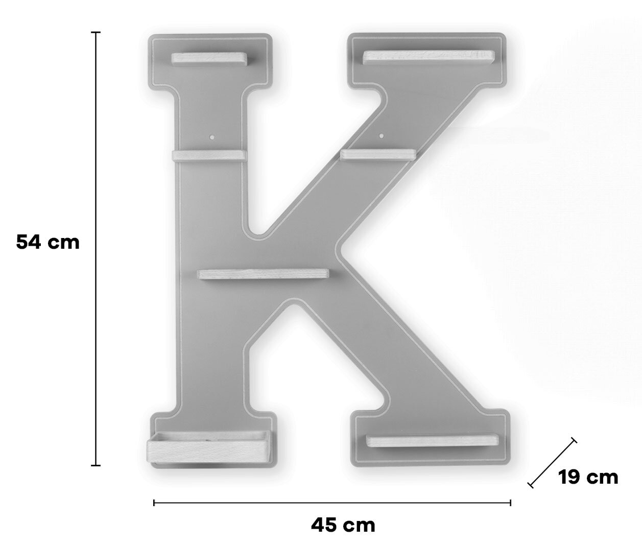Graues Wandregal in Buchstabenform „K“ mit mehreren kleinen Ablagebrettern, Maße ca. 54 x 45 x 19 cm, frontal von vorn auf weißem Hintergrund abgebildet.