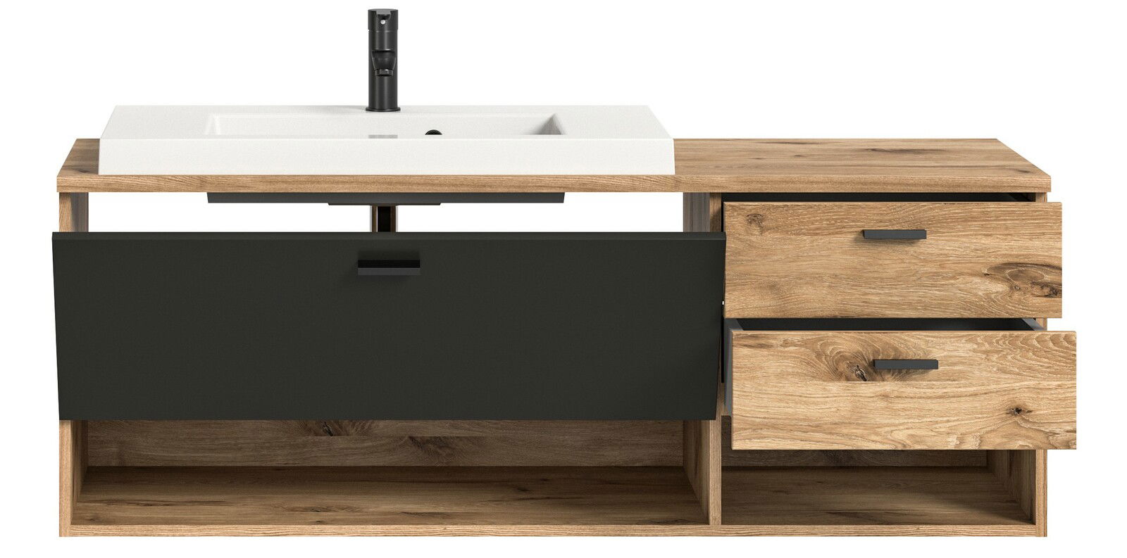 Moderner Waschtisch mit Holzoptik und schwarzem Waschbecken, Frontalansicht